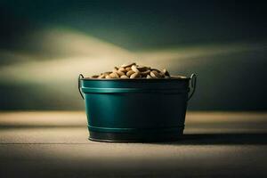 a bucket full of peanuts on a table. AI-Generated photo