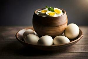 a bowl of eggs and a wooden bowl. AI-Generated photo