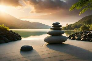 a stack of stones on the beach near a lake. AI-Generated photo