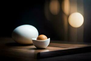 an egg in an egg shell on a table. AI-Generated photo