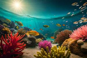 the sun shines over a coral reef and fish. AI-Generated photo