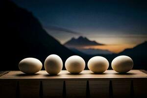 five eggs are lined up on a wooden table. AI-Generated photo