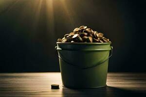 a bucket filled with coins on a table. AI-Generated photo