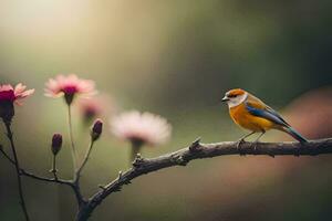 un pequeño pájaro se sienta en un rama con rosado flores generado por ai foto