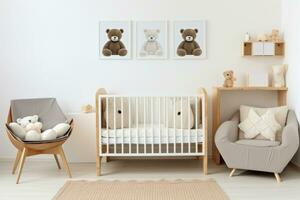 modern Interior of cozy baby room with crib and bedding. AI Generative photo