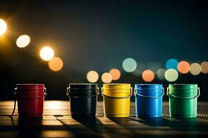 paint buckets on a table with bokeh lights. AI-Generated photo