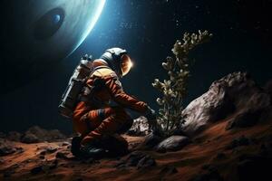 Astronaut plants seedlings of plants on the soil of another planet. AI generative photo