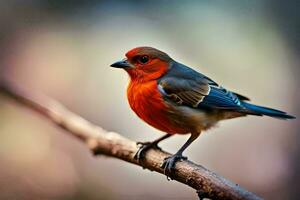 a red and blue bird sitting on a branch. AI-Generated photo