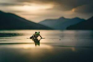 un rana sentado en el borde de un lago a puesta de sol. generado por ai foto