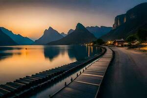 a long pier with a mountain in the background. AI-Generated photo