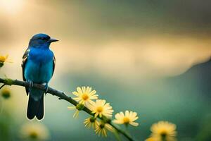 un azul pájaro se sienta en un rama con amarillo flores generado por ai foto