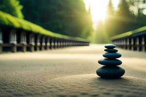 a stack of rocks sitting on the ground in front of a bench. AI-Generated photo