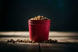 a red bucket filled with peanuts on a wooden table. AI-Generated photo