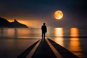 un hombre en pie en un muelle mirando a el lleno Luna. generado por ai foto