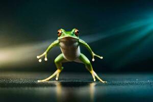 a frog standing on its hind legs with its legs spread out. AI-Generated photo