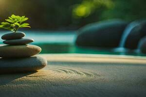 a small plant is sitting on top of a stack of stones. AI-Generated photo