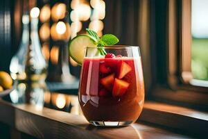 a glass of red drink with strawberries and mint. AI-Generated photo