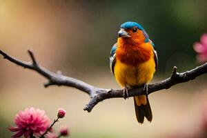 a colorful bird sits on a branch with pink flowers. AI-Generated photo