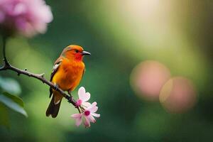 a small orange bird is perched on a branch. AI-Generated photo