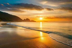 the sun sets on the beach in the background. AI-Generated photo