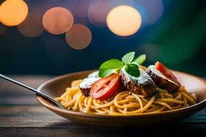 spaghetti with meat and tomato on a wooden table. AI-Generated photo