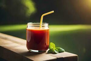 un vaso de jugo con un Paja en un de madera mesa. generado por ai foto