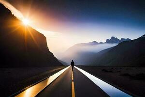 a man stands on the road in front of a mountain range. AI-Generated photo