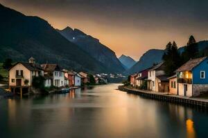 un río carreras mediante un pueblo a puesta de sol. generado por ai foto