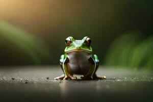 a frog sitting on the ground with a blurry background. AI-Generated photo