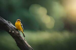 a yellow bird sitting on a branch in the sun. AI-Generated photo