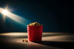 a red bucket filled with peanuts on a dark table. AI-Generated photo