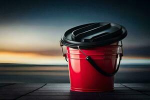 a red bucket with a black lid sitting on a wooden floor. AI-Generated photo