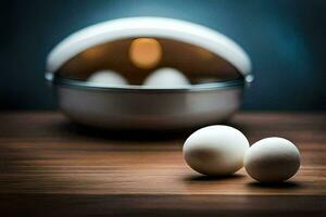 two eggs sit on a table next to a bowl. AI-Generated photo