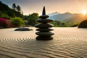 a stack of rocks in the sand with the sun setting behind it. AI-Generated photo