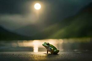 a frog sitting on the ground in front of a full moon. AI-Generated photo