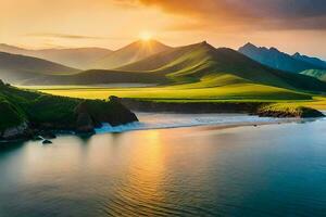 the sun sets over a beautiful mountain range. AI-Generated photo