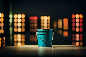 a blue bucket sitting on a table in front of a lit up city. AI-Generated photo