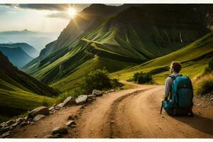 a man with a backpack sits on the side of a road in the mountains. AI-Generated photo