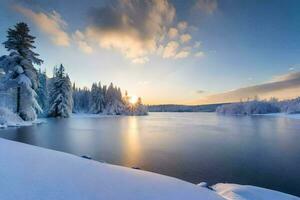 un hermosa invierno escena con nieve cubierto arboles y un lago. generado por ai foto