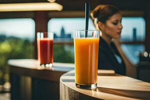 un mujer sentado a un bar con un vaso de naranja jugo. generado por ai foto