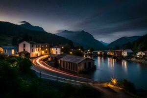 un pueblo a noche con luces en el agua. generado por ai foto