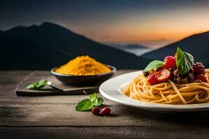spaghetti with tomato sauce and basil leaves on a plate. AI-Generated photo