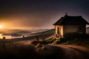 un pequeño casa se sienta en un colina con vista a el puesta de sol. generado por ai foto