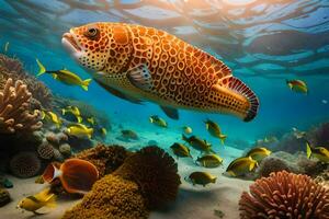 a fish swimming over a coral reef with many fish. AI-Generated photo