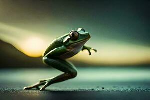 a frog is jumping on the ground. AI-Generated photo