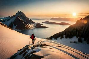 un persona excursionismo arriba un montaña a puesta de sol. generado por ai foto