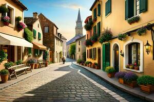 a cobblestone street with colorful buildings and flowers. AI-Generated photo