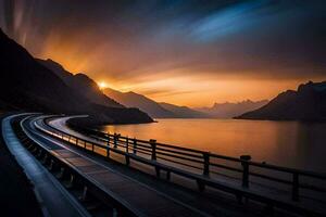 a long exposure photo of a road leading to a lake. AI-Generated