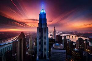 the empire state building is lit up at sunset. AI-Generated photo