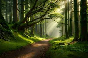 a path through a green forest with trees and sunbeams. AI-Generated photo